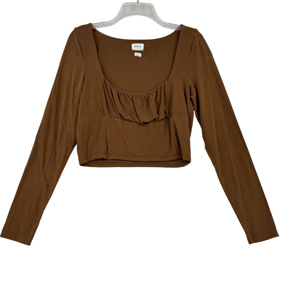 Aritzia Wilfred Free Crop Top Square Neck Size L Brown Long Sleeve Stretch Knit
